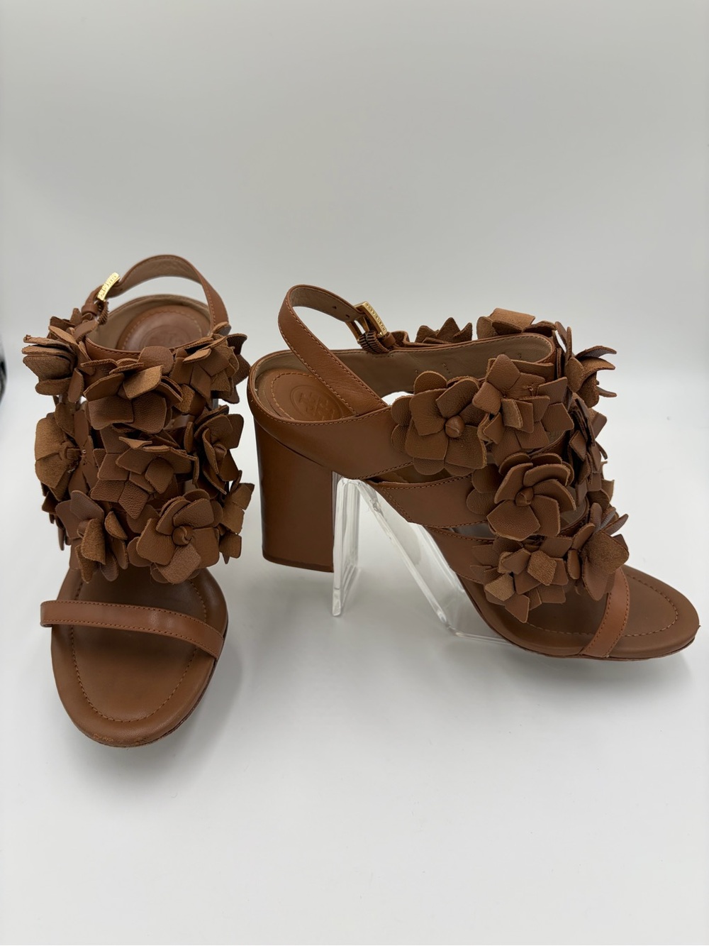 Tory Burch Brown Floral Blossom Leather Sandals with Gold Buckle Block Heels